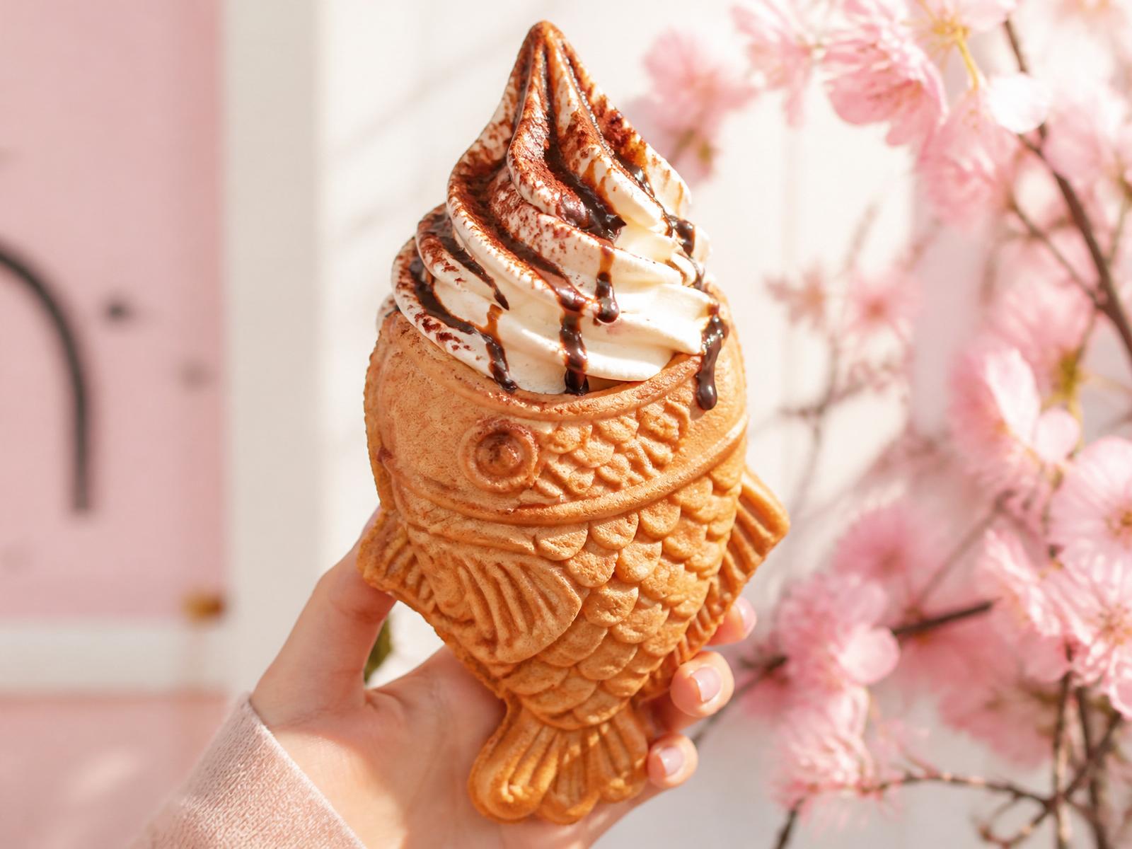 Taiyaki fish cone filled with vanilla soft serve and chocolate drizzle